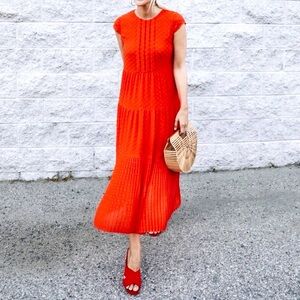 Maje RylIne Red Swiss Dot Pleated Tiered Midi Dress Size 1 US Small